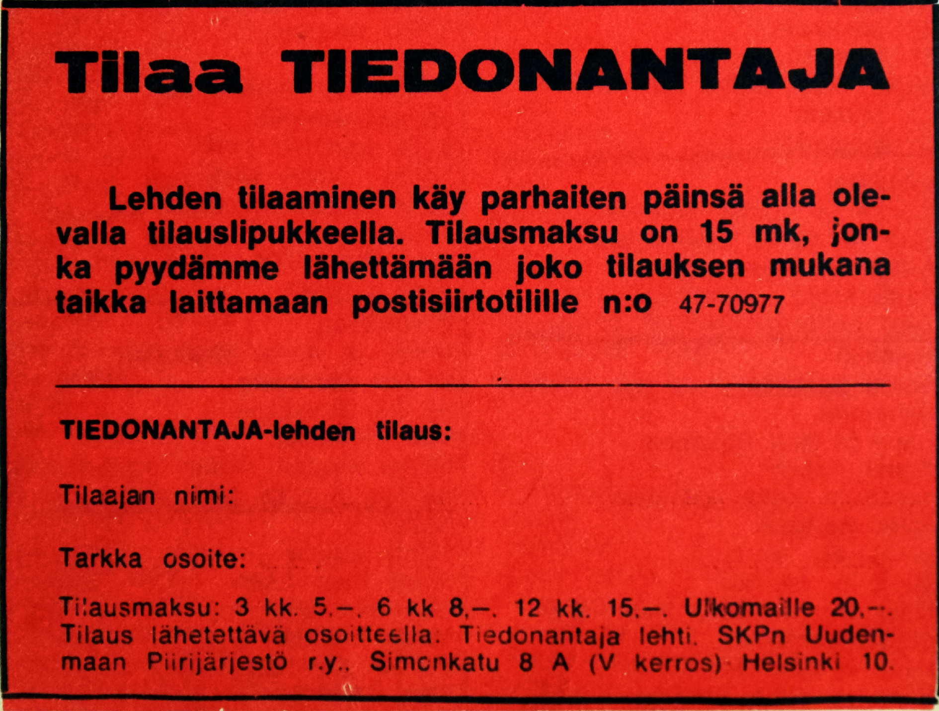 Tiedonantaja-lehden tilauskuponki vuodelta 1969.