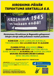 Hiroshima-tapahtuman ohjelmatietoja, kuva viime vuoden 'Ei koskaan enää!' -banderollista sekä järjestäjien logot.