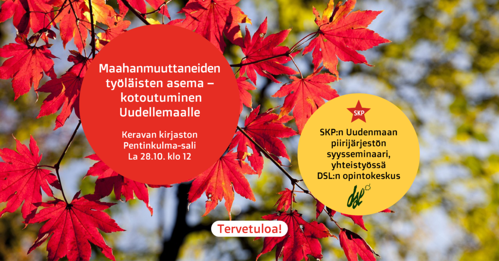 Syysseminaarin bannerissa taustalla syksyinen vaahterapuukuva, päällä punaisessa ja keltaisessa pallossa tapahtuman tietoja.