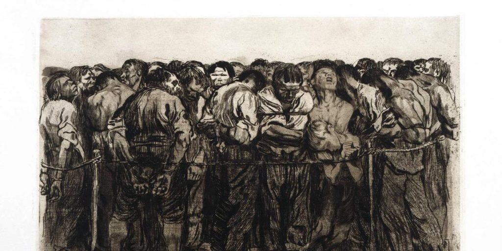 Tummassa piirroskuvassa kärsiviä ihmisiä ahdettuina ja sidottuina pieneen tilaan. Kuva: Käthe Kollwitz.