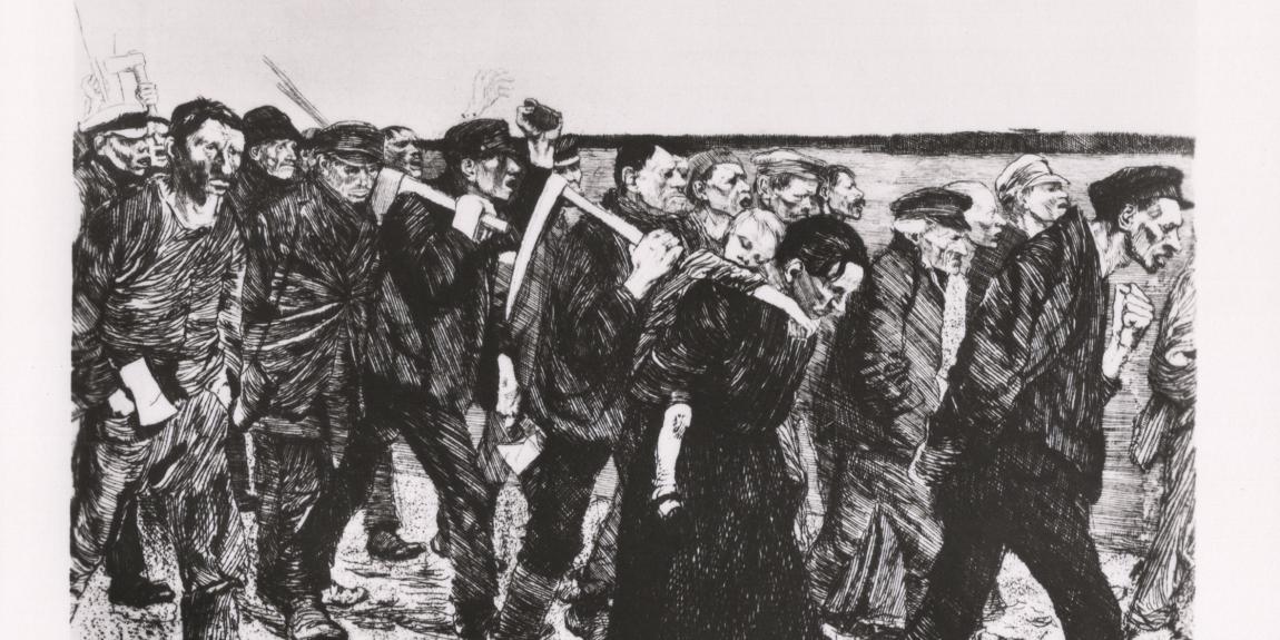 Tummassa piirroskuvassa käveleviä työläisiä. Kuva: Käthe Kollwitz / Brück & Sohn Kunstverlag_CC_BY-SA_4.0.