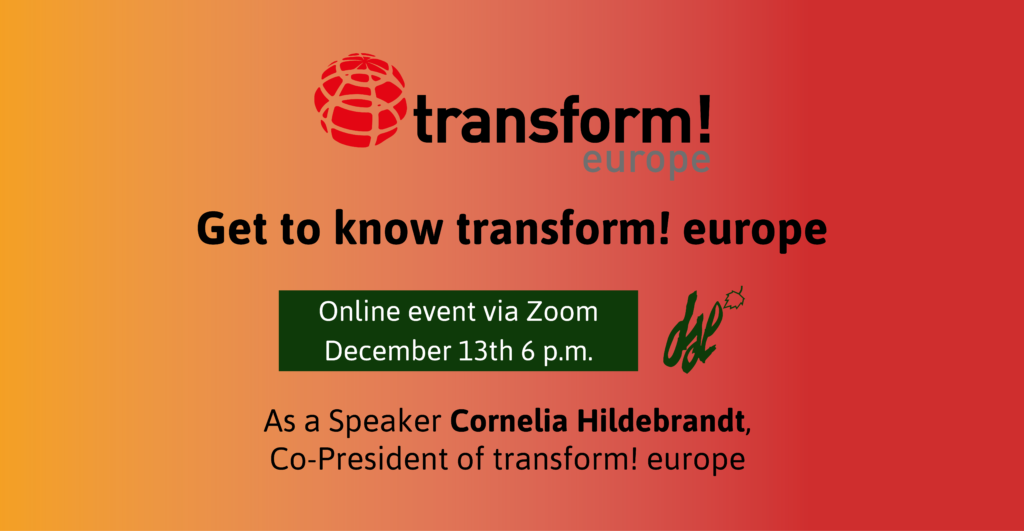 Tausta punakeltainen liukuvärinä, päällä transform! europen ja DSL:n logot sekä "Get to know transform! europe" -tapahtuman tietoja.
