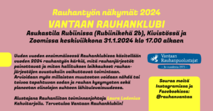 Violetinkaltainen taustaväri, bannerissa tammikuun Rauhanklubin tietoja.