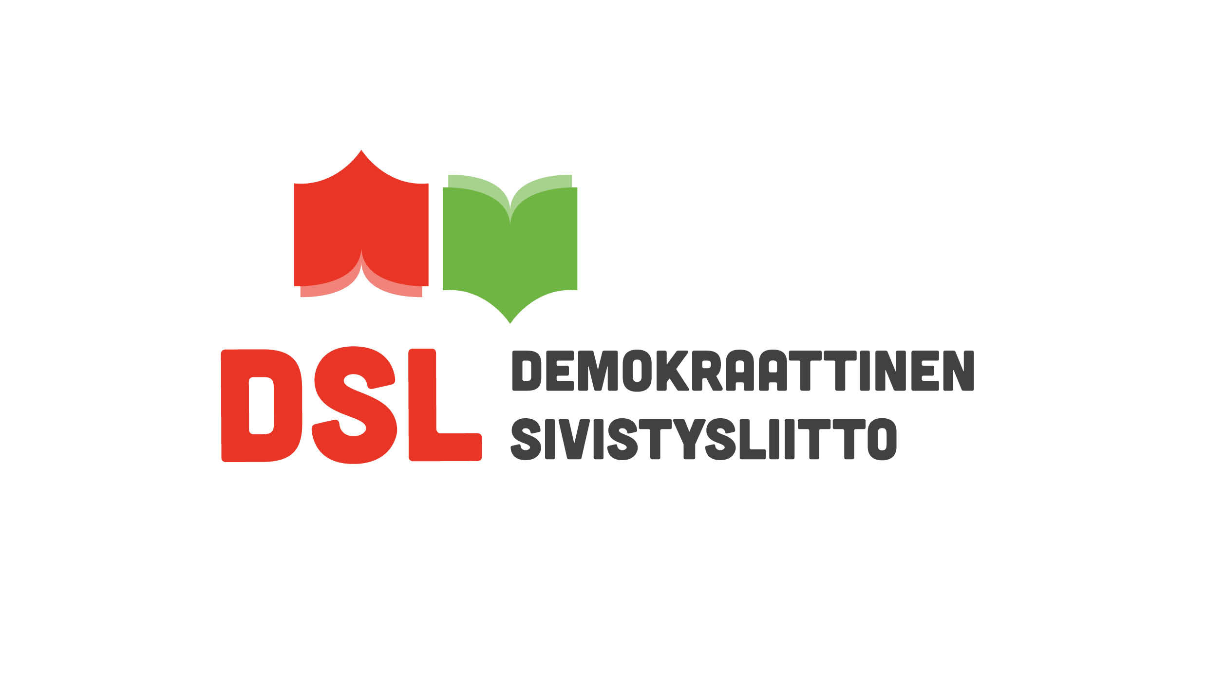 DSL:n logo, jossa punainen ja vihreä avoinna oleva kirja, joiden alapuolella punaiset DSL-kirjaimet ja järjestön auki kirjoitettu nimi "Demokraattinen sivistysliitto".