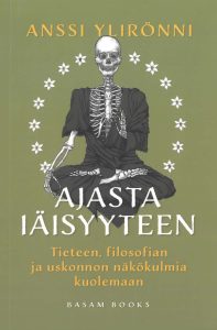 Kirjan kannessa meditaatioasennossa istuva luuranko sekä kirjan, kirjoittajan ja kustantajan nimet.