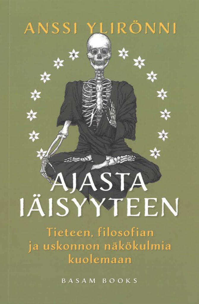 Kirjan kannessa meditaatioasennossa istuva luuranko sekä kirjan, kirjoittajan ja kustantajan nimet.