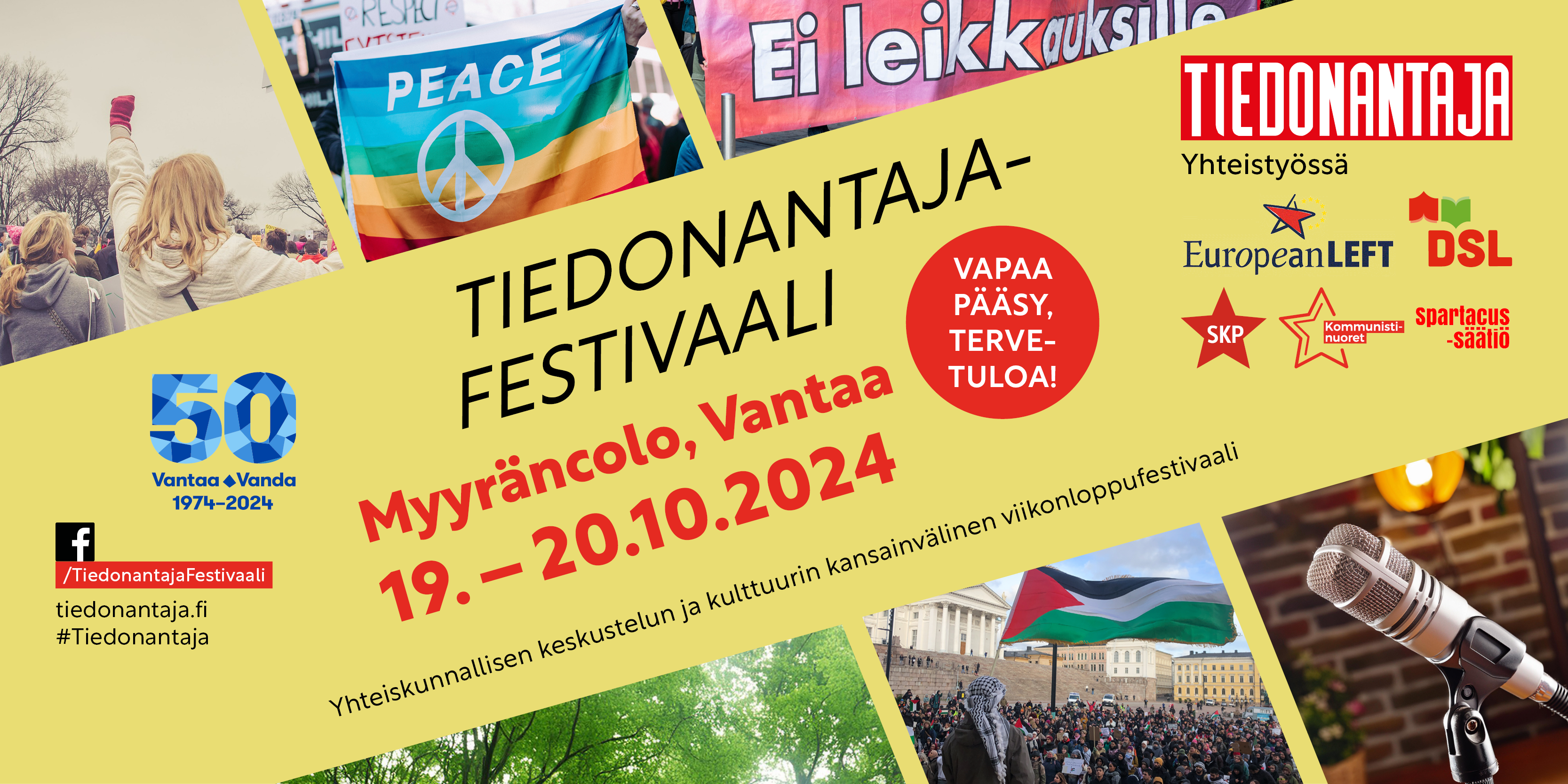Ylä- ja alaviistossa erilaisia kuvia kollaasina festivaalin sisältöihin liittyen sekä keskellä keltaisella taustalla festivaalin perustietoja.