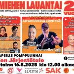 Mainos "Työmiehen lauantai – 20 vuotta" -tapahtumasta Tornion Järjestötalolla 16.8.2025 klo 12 alkaen. Lapsille pomppulinna, kanttiini ja järjestöjen esittelypisteet.
