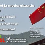 Mainos julkiseen tilaisuuteen otsikolla ”Sosialismi ja modernisaatio Kiinassa”. Taustalla Kiinan lippu liehumassa vuoristomaisemassa. Tekstissä kerrotaan: Lahden Trion palvelutori (Meri-tila), 2. kerros, ti 17.3.2026 klo 17.00–19.00. Vapaa pääsy. Alustajana SKP:n varapuheenjohtaja Jiri Mäntysalo, joka on vieraillut Kiinassa marraskuussa. Julisteessa on myös puhujan valokuva sekä SKP:n ja DSL:n logot.