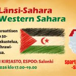 Beigensävyinen tapahtumabanneri, jossa vasemmalla iso punainen numero ”50” ja teksti "Länsi-Sahara / Western Sahara". Alla lukee: "Saharan demokraattisen arabitasavallan 50-vuotisjuhla. Keskustelua, kulttuuria ja sahrawiperinnetarjoilua." Keskellä on liitutaulutyylinen piirros Länsi-Saharan lipusta. Oikealla on kartta, jossa Länsi-Sahara on merkitty punaisella Luoteis-Afrikassa. Alareunassa tapahtumapaikka ja -aika. Oikealla näkyvät järjestäjien nimet ja logot: Spartacus-säätiö ja DSL.