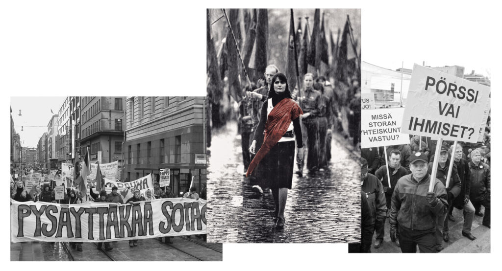 Kollaasissa kolme mustavalkokuvaa mielenosoituksista. Vasemmalla joukko ihmisiä marssii kaduilla kantamassa banneria, jossa lukee "PYSÄYTTÄKÄÄ SOTA". Keskellä Kristiina Halkola kävelee etummaisena ryhmässä, joka kantaa lippuja. Oikealla joukko ihmisiä kantaa kylttejä, joissa lukee muun muassa "PÖRSSI VAI IHMISET?". Kuvat kuvaavat yhteiskunnallista aktiivisuutta ja protesteja.
