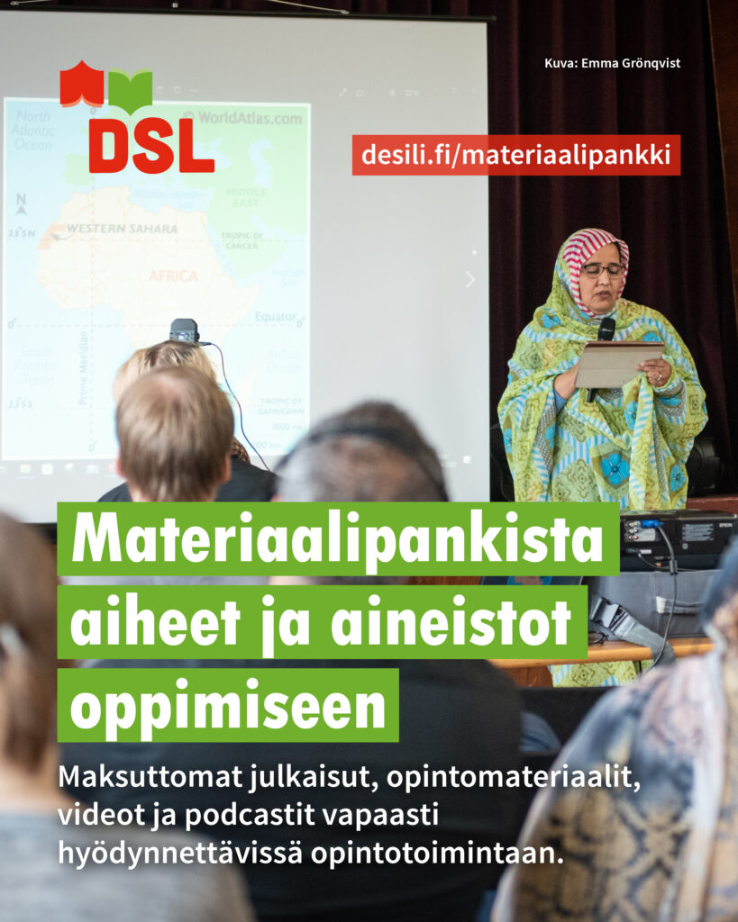 Mainos materiaalipankista: kuvituskuvassa puhuja esiintyy yleisölle valkokankaan edessä, kuvassa tekstiä oppimisen aineistoista ja osoite desili.fi/materiaalipankki.